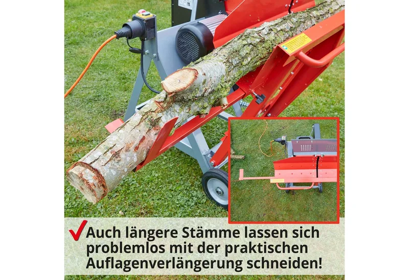 Wippkreissäge 8300 Elektro mit Ø 505 mm HM Sägeblatt, Auflagenverlängerung, Äste bis ⌀ 17 cm, mit Räder, 3000 W van Hecht, Rood – productafbeelding 2 van 5