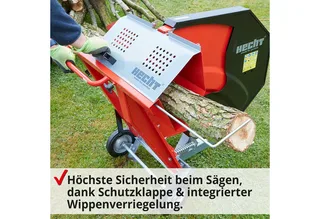 Wippkreissäge 8300 Elektro mit Ø 505 mm HM Sägeblatt, Auflagenverlängerung, Äste bis ⌀ 17 cm, mit Räder, 3000 W van Hecht, Rood – productafbeelding 4 van 5