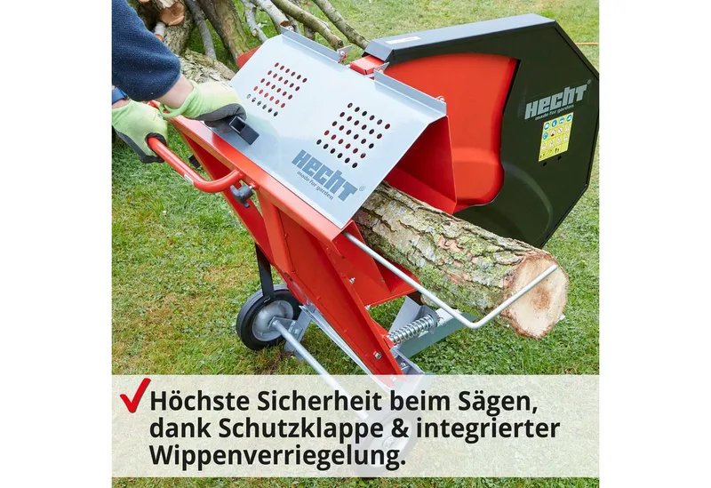 Wippkreissäge 8300 Elektro mit Ø 505 mm HM Sägeblatt, Auflagenverlängerung, Äste bis ⌀ 17 cm, mit Räder, 3000 W van Hecht, Rood – productafbeelding 4 van 5