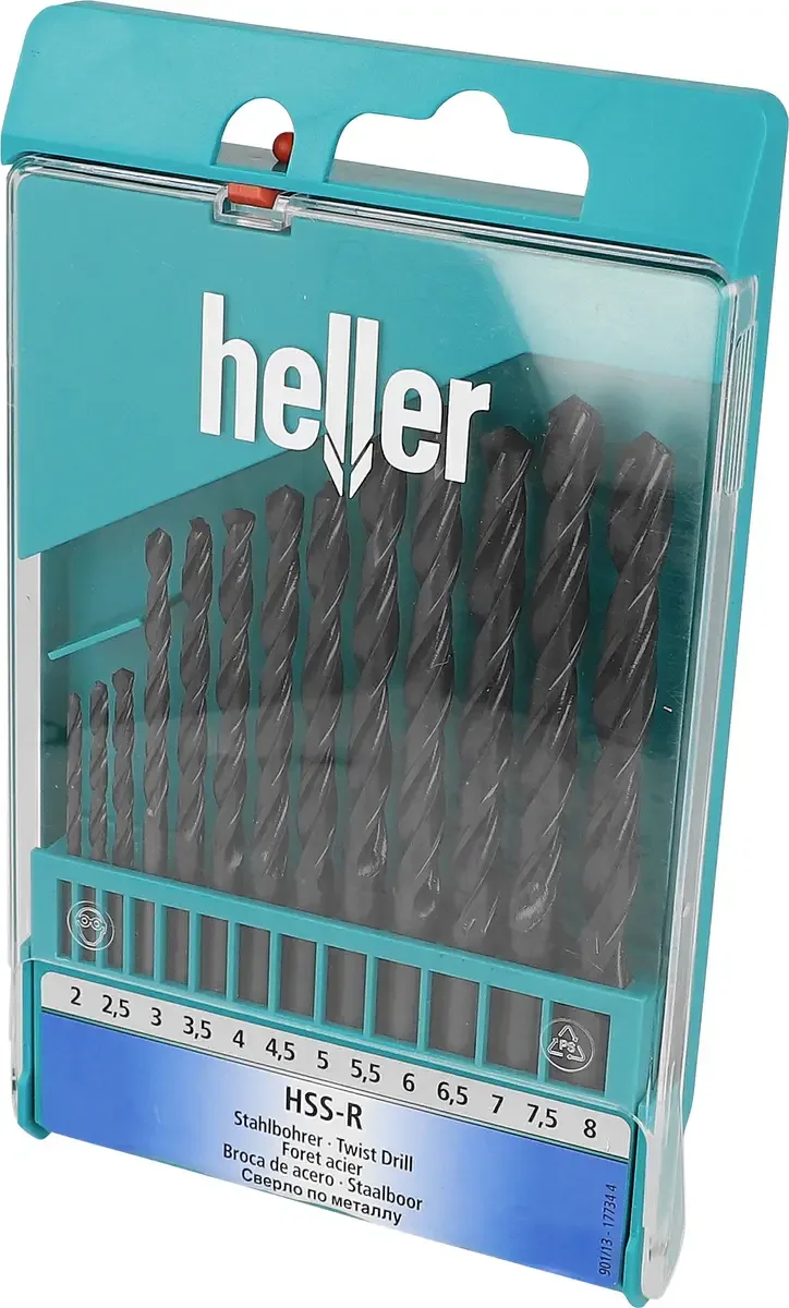 Heller 17734 4 HSS Metall-Spiralbohrer-Set 13teilig 2 mm, 2.5 mm, 3 mm, 3.5 mm, 4 mm, 4.5 mm, 5 mm, 5.5 mm, 6 mm, 6.5 mm, 7 mm, 7.5 mm, 8 mm rollgewalzt DIN fra Heller – produktbillede
