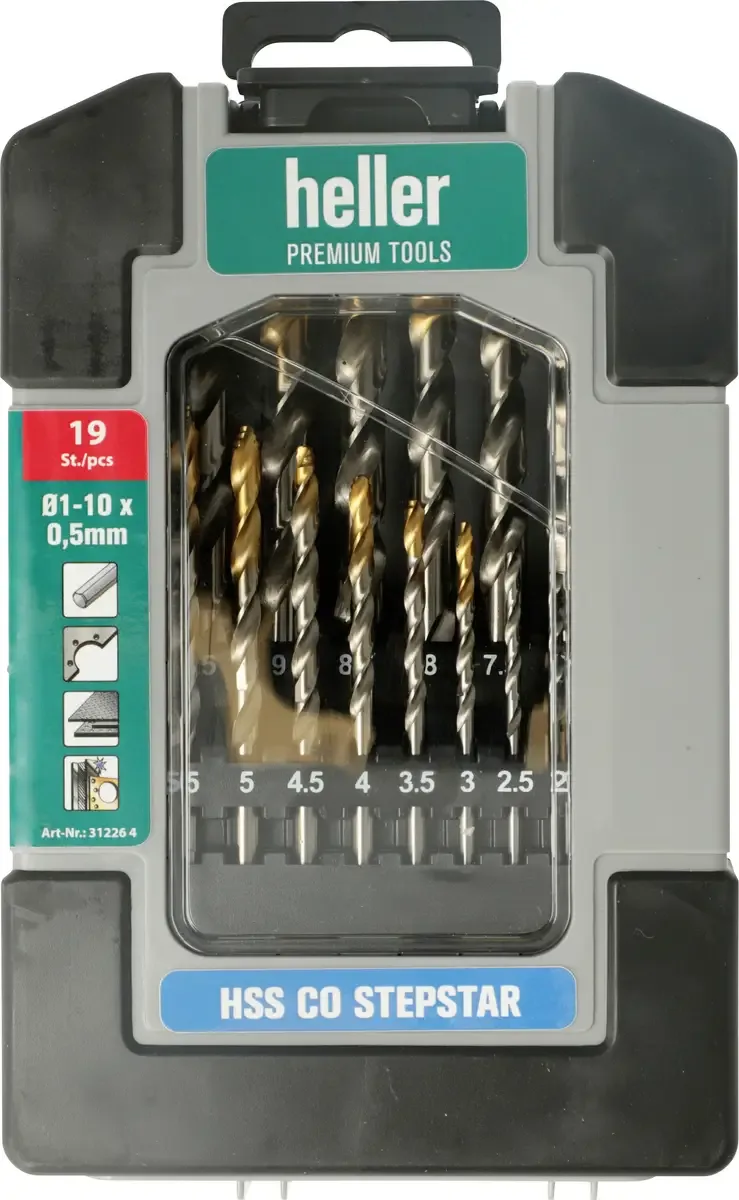 Heller 312264 HSS-Co Stepstar 19 tlg. HSS-Co Metall-Spiralbohrer-Set DIN 338 Dreiflächenschaft 1 Set de Heller – image du produit