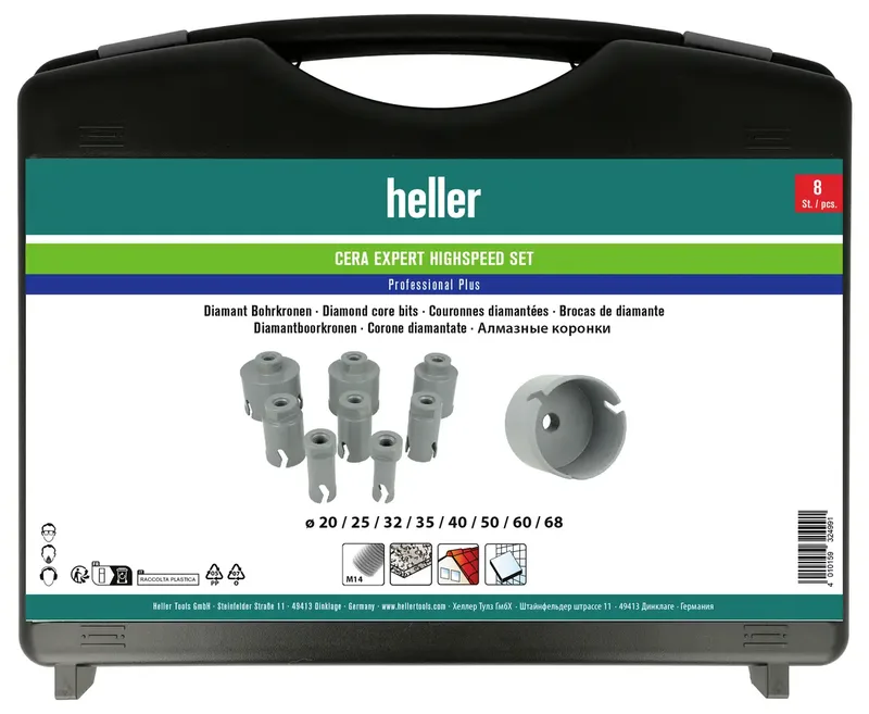 Vakuumgelötetes Lochsägen Set 8 tlg. 324991 Diamant-Bohrer 20 mm, 25 mm, 32 mm, 35 mm, 40 mm, 50 mm, 60 mm, 68 mm 1 Set från Heller – produktbild 2 av 2
