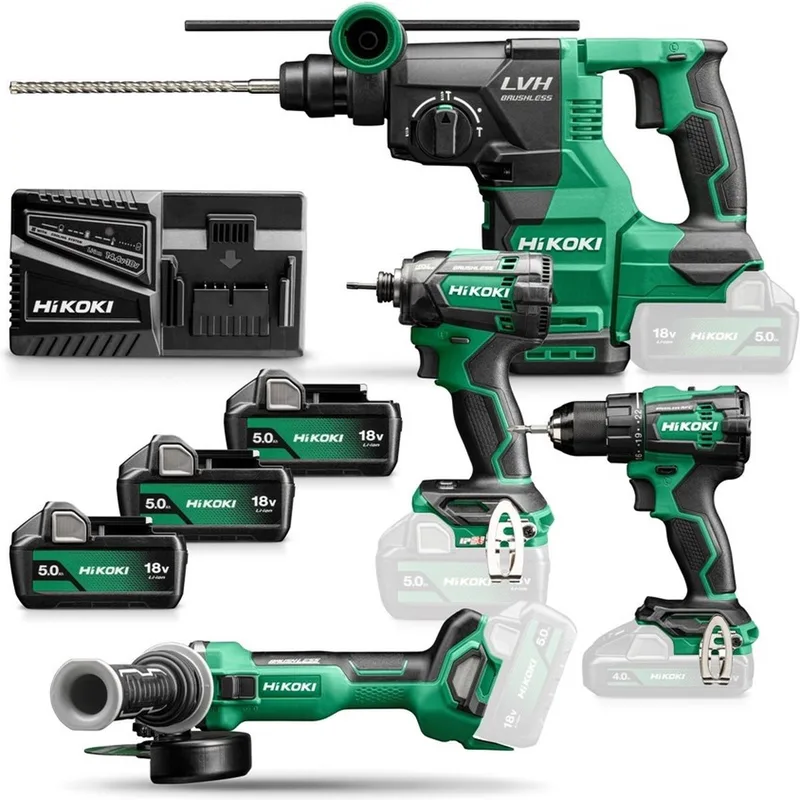 KC18DEWHZ 4-Delige Set DS18DE accuboor, WH18DC slagschroever, G1813DA slijper + DH1826DA combihamer + 3 accu's en lader in tas de HiKOKI – image du produit