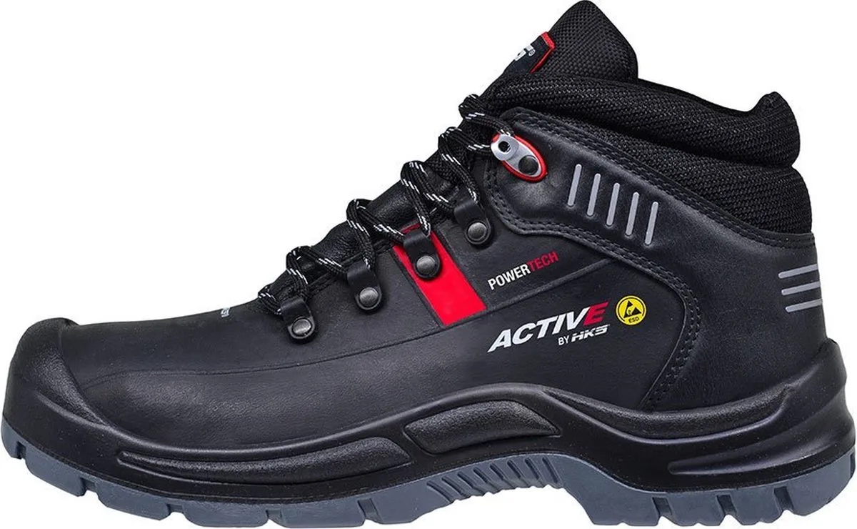 Active 275 S3 werkschoenen - veiligheidsschoenen - safety shoes - heren - hoog - stalen neus - antislip - ESD - zwart fra HKS, Sort, Rød, 42 – produktbillede