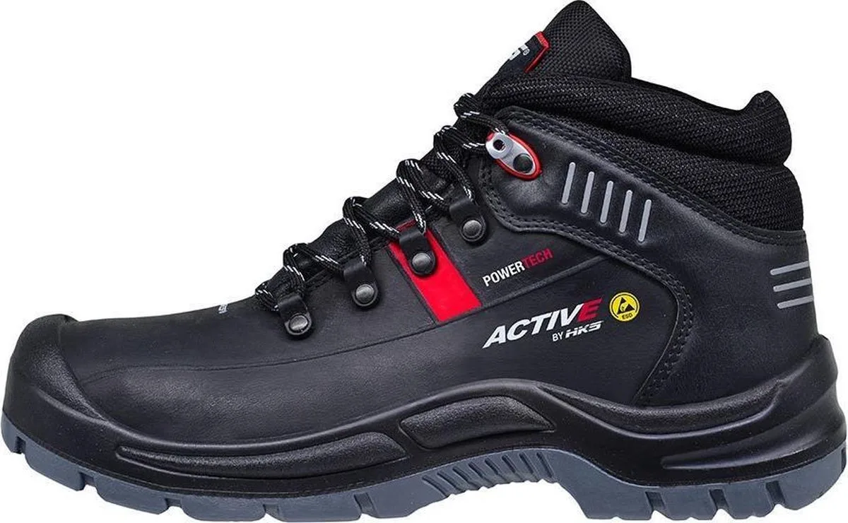 Active 275 S3 werkschoenen - veiligheidsschoenen - safety shoes - heren - hoog - stalen neus - antislip - ESD - zwart fra HKS, Sort, Rød, 39 – produktbillede