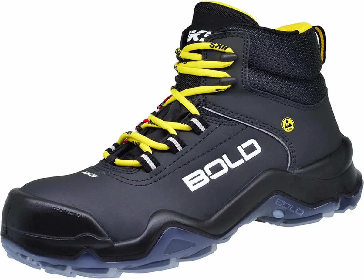 Drive 1 VTP S3 werkschoenen - veiligheidsschoenen - safety shoes - hoog - heren - composiet - metaalvrij - antislip - ESD - lichtgewicht - Vegan van HKS, Zwart, Geel, 41 – productafbeelding