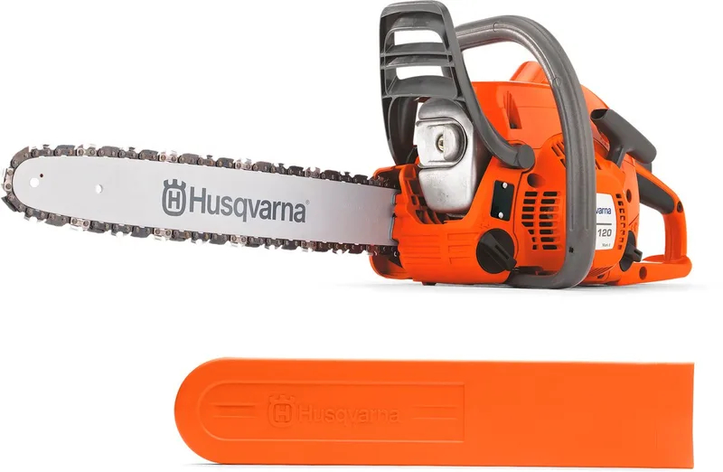 120 Mark II benzine-kettingzaag, 38,2 cc X-Torq®-motor, 14 inch rail en H37-ketting, LowVib® trillingsreductie, Air Injection™, ideaal voor tuin en brandhout van Husqvarna – productafbeelding