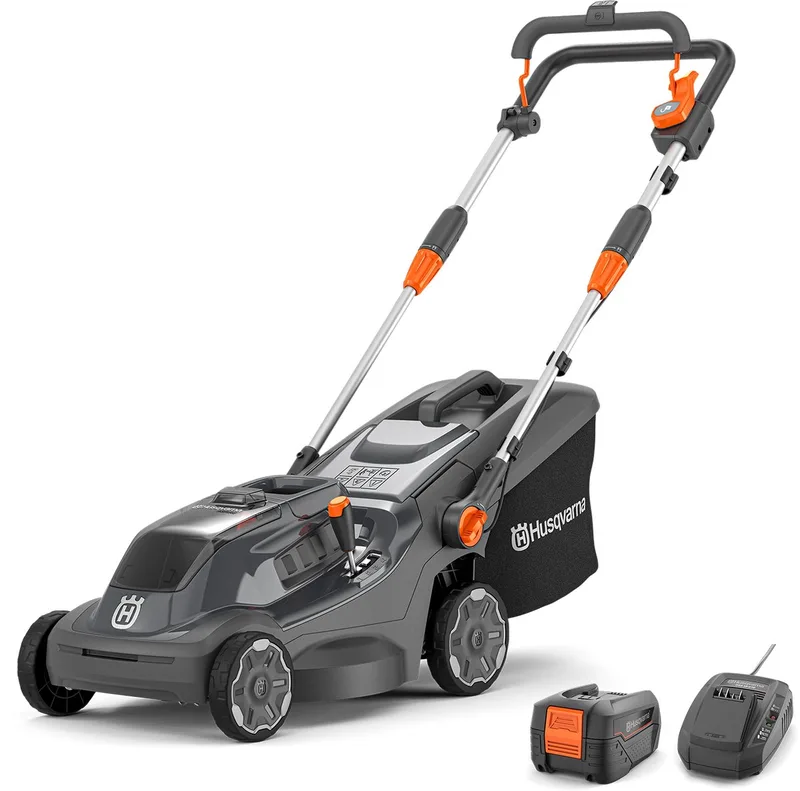 Accu grasmaaier Aspire LC34-P4A, voor 500 m² gazon I elektrische grasmaaier, 30 l opvangbak, 34 cm maaibreedte, compact en opvouwbaar (incl. accu & oplader) van Husqvarna – productafbeelding