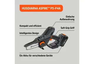 Akku-Kettensäge Aspire P5-P4A, 12 cm Schwertlänge, klein, kompakt, Astsäge für Äste bis 75 mm de Husqvarna, Gris – image du produit 2 sur 2