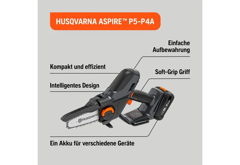 Akku-Kettensäge Aspire P5-P4A, 12 cm Schwertlänge, klein, kompakt, Astsäge für Äste bis 75 mm de Husqvarna, Gris – image du produit 2 sur 2