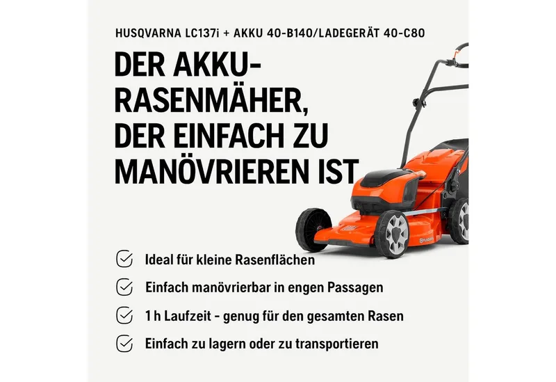 LC 137i Accu Grasmaaier - 37,5 cm Maaibreedte - Set met 40-C80 Accu en BLi20 Lader fra Husqvarna – produktbillede 3 af 5
