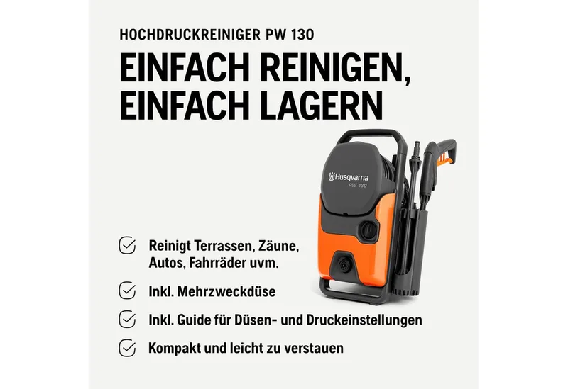 PW 130 hogedrukreiniger - 130 bar, 465 l/u debiet, metalen pomp, 6 m slang, schuimsproeier en sproeikoppen - Compacte elektrische hogedrukreiniger voor auto's, terrassen en buitenoppervlakken van Husqvarna – productafbeelding 3 van 5