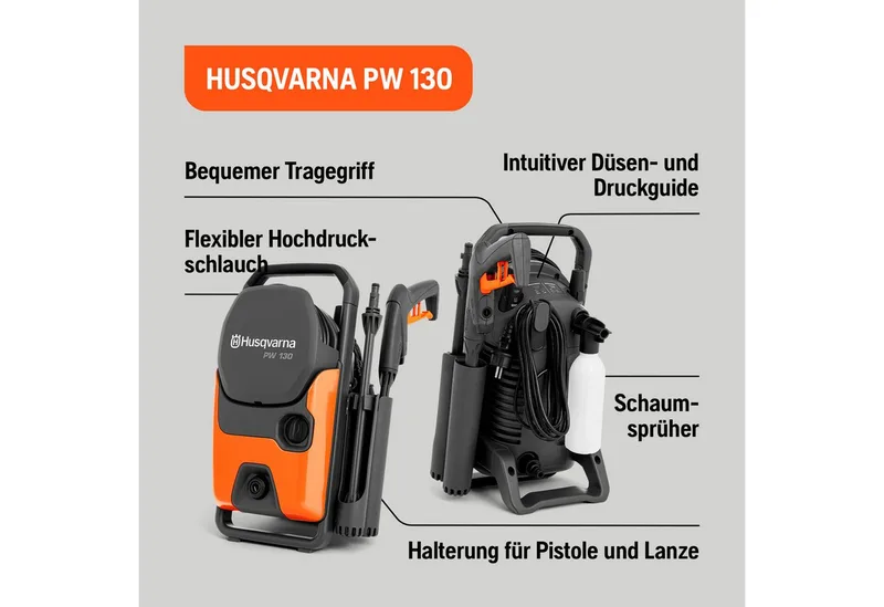 PW 130 hogedrukreiniger - 130 bar, 465 l/u debiet, metalen pomp, 6 m slang, schuimsproeier en sproeikoppen - Compacte elektrische hogedrukreiniger voor auto's, terrassen en buitenoppervlakken van Husqvarna – productafbeelding 2 van 5