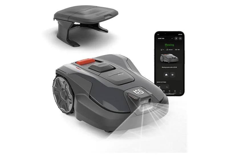 Rasenmähroboter Automower® Aspire R6V, bis 600 m² Rasenfläche, ohne Begrenzungskabel, AI Vision, GPS-Navigation, WLAN, inkl. Garage fra Husqvarna, Grå – produktbillede
