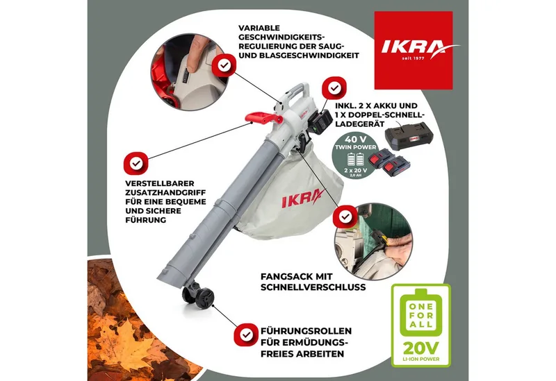 accu 3-in-1 bladblazer/-zuiger/-versnipperaar IALS 2-20 met 2 accu’s & dubbele snellader by IKRA – product image 2 of 5
