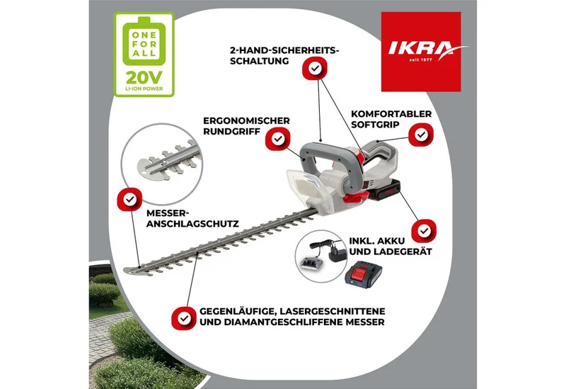GmbH Akku-Heckenschere IAHS 20-1, 20 V - Lasergeschliffene Messer von IKRA – Produktbild 2 von 5