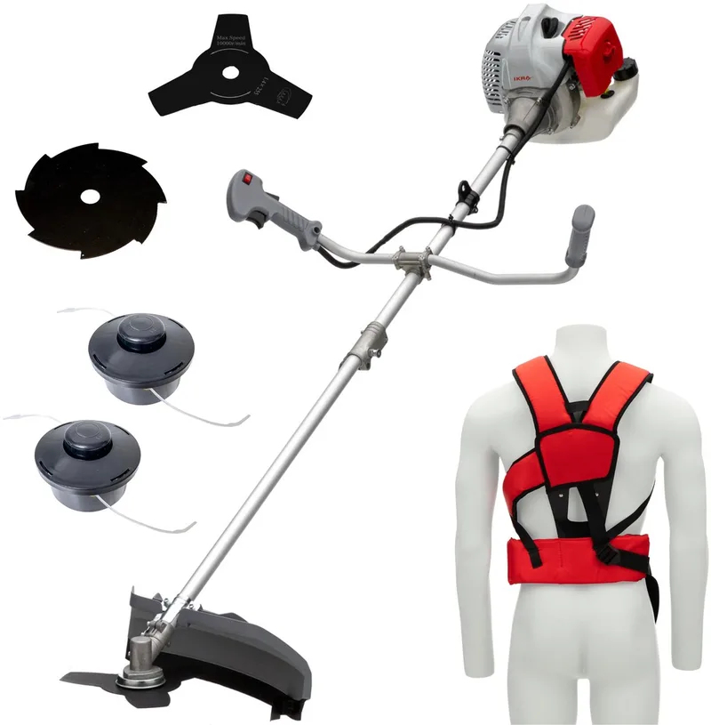 benzine-bosmaaier IBF 4342, incl. 2 draadspoelen, 3-tands en 8-tands mes en schouderriem van IKRA – productafbeelding