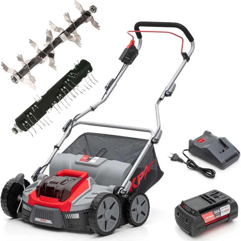 Bosch 36 V 3-in-1 accu-verticuteermachine en gazonbeluchter IB-SR 36, inclusief twee rollen, incl. 36V accu (4,0 Ah) en oplader van IKRA – productafbeelding