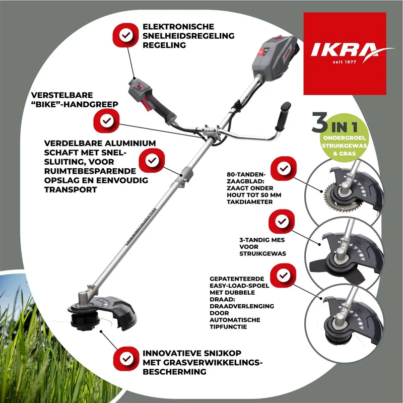 Bosch 36 V accu-bosmaaier en grastrimmer IB-BC 33 met draadspoel, 3-tands mes, 80-tands zaagblad, schouderriem, 36V accu (4,0 Ah) en oplader de IKRA – image du produit