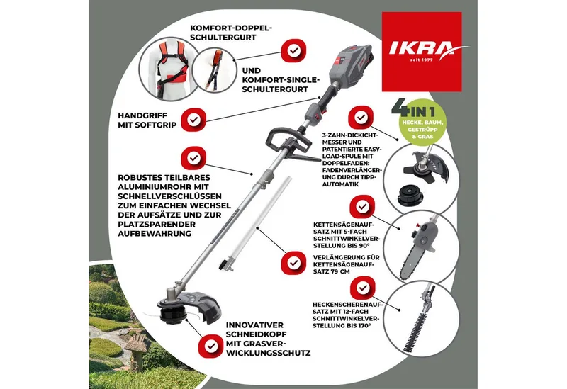 Bosch 36V 4-in-1 accu-multitool IB-MT 36 met grastrimmer, bosmaaier, telescopische heggenschaar en hoogsnoeier, 36V accu (4,0 Ah) en oplader von IKRA – Produktbild 2 von 5