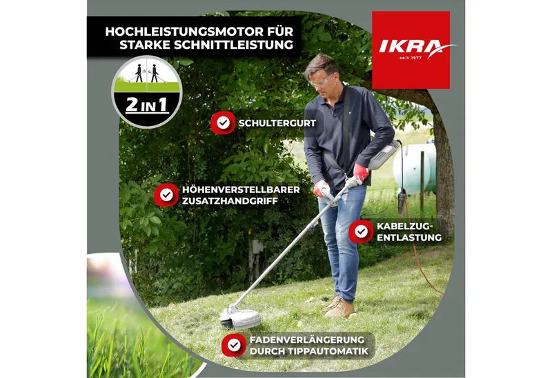 elektrische bosmaaier en grastrimmer IES 1000 C, 1.000 W, incl. 2 draadspoelen, 3-tands mes, schouderriem & veiligheidsbril van IKRA – productafbeelding 3 van 5