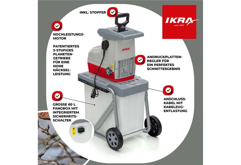 elektrische Hakselaar, houtversnipperaar, tuinversnipperaar ILH 3000 A, takdikte tot 44 mm, 3.000 W met veiligheidsbril by IKRA – product image 2 of 5