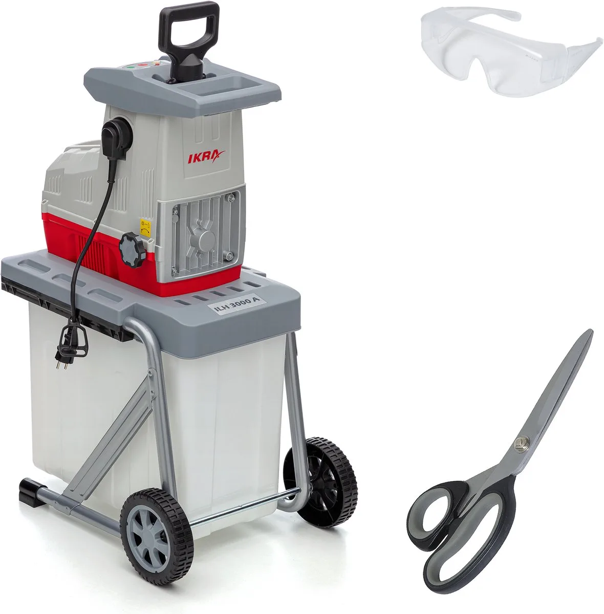 elektrische rolhakselaar, houtversnipperaar, tuinversnipperaar ILH 3000 A, takdikte tot 44 mm, 3.000 W met veiligheidsbril en multifunctionele schaar de IKRA – image du produit