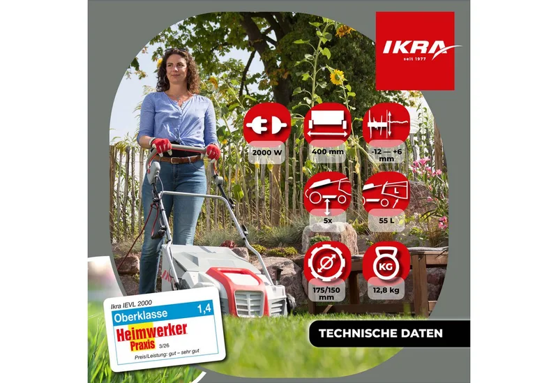 elektrische verticuteermachine en gazonbeluchter IEVL 2000, 2.000W, werkt over een breedte van 40 cm, opvangbak van 55 liter fra IKRA – produktbillede 3 af 3