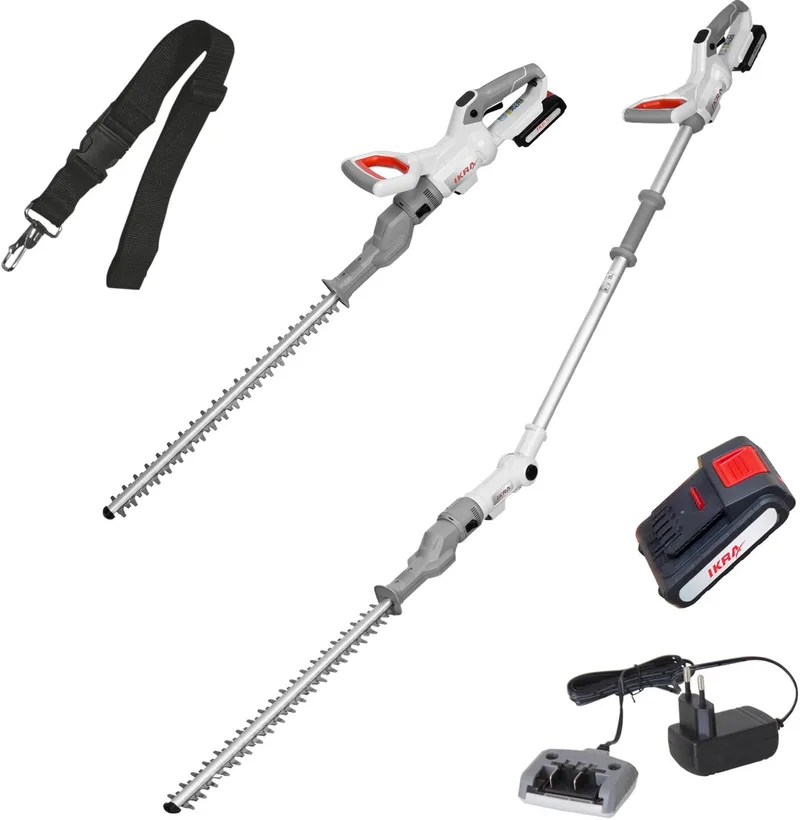 IKRA 2-in-1 accu-heggenschaar ICPH 2050 met telescoopsteel, inclusief 20 V accu, schouderriem en mes-bescherming van IKRA – productafbeelding