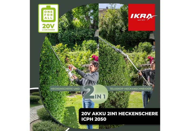 IKRA 2-in-1 accu-heggenschaar ICPH 2050 met telescoopsteel, schouderriem, 2x 20 V accus en snellader by IKRA – product image 3 of 5