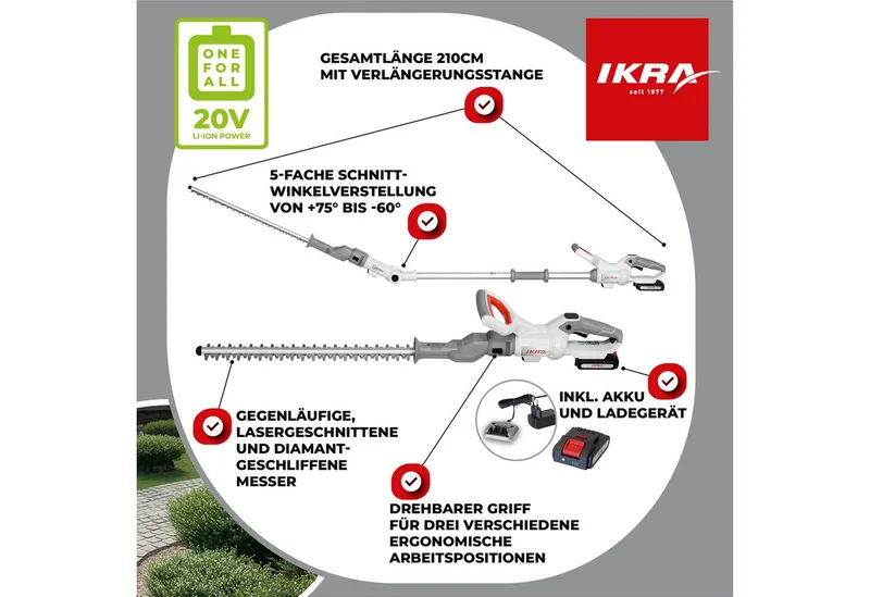 IKRA 2-in-1 accu-heggenschaar ICPH 2050 met telescoopsteel, schouderriem, 2x 20 V accus en snellader by IKRA – product image 2 of 5