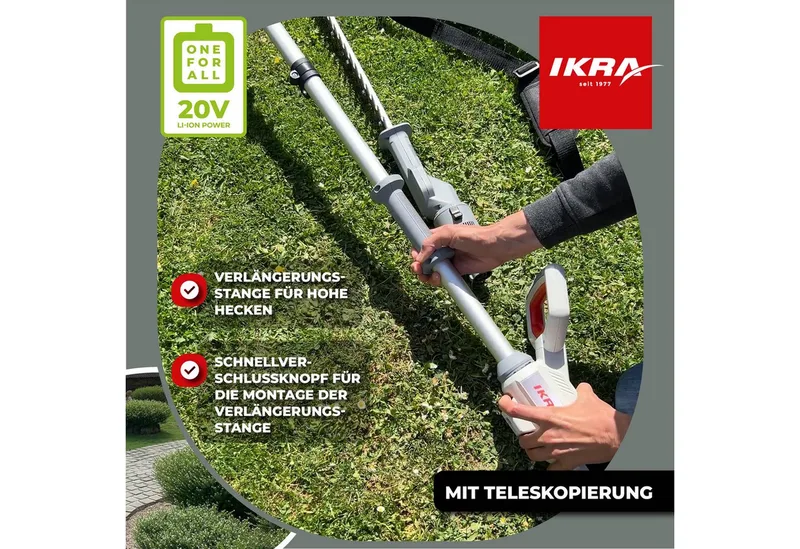 IKRA 2-in-1 accu-heggenschaar ICPH 2050 met telescoopsteel, schouderriem, 2x 20 V accus en snellader by IKRA – product image 4 of 5
