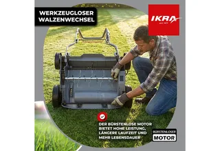 IKRA 3-in-1 accu-verticuteermachine en gazonbeluchter IAVL 2-2040, 40 cm werkbreedte, Werkdiepte +12 tot -3 mm, 40l opvangzak, 2 x 20V (4,0 Ah) accu’s & snellader van IKRA – productafbeelding 4 van 5
