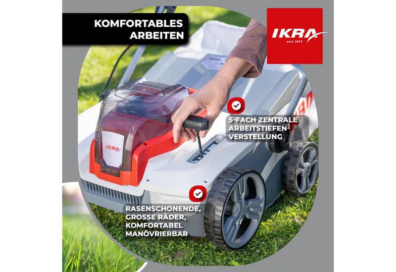 IKRA 3-in-1 accu-verticuteermachine en gazonbeluchter IAVL 2-2040, 40 cm werkbreedte, Werkdiepte +12 tot -3 mm, 40l opvangzak, 2 x 20V (4,0 Ah) accu’s & snellader van IKRA – productafbeelding 5 van 5