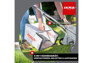 IKRA 3-in-1 accu-verticuteermachine en gazonbeluchter IAVL 2-2032, 32 cm werkbreedte, werkdiepte +3 tot -9 mm, 30l opvangzak, 2 x 20V (2,0 Ah) accu’s & snellader van IKRA – productafbeelding 3 van 5
