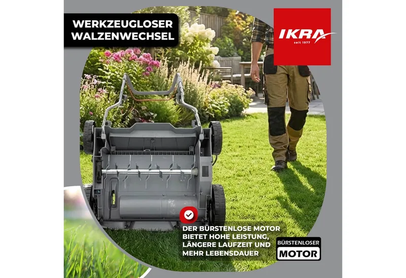 IKRA 3-in-1 accu-verticuteermachine en gazonbeluchter IAVL 2-2032, 32 cm werkbreedte, werkdiepte +3 tot -9 mm, 30l opvangzak, 2 x 20V (2,0 Ah) accu’s & snellader van IKRA – productafbeelding 4 van 5