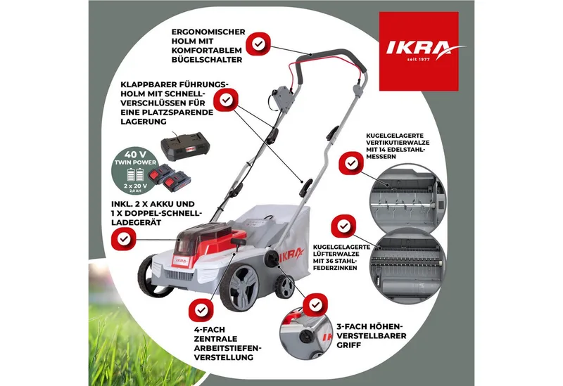 IKRA 3-in-1 accu-verticuteermachine en gazonbeluchter IAVL 2-2032, 32 cm werkbreedte, werkdiepte +3 tot -9 mm, 30l opvangzak, 2 x 20V (2,0 Ah) accu’s & snellader van IKRA – productafbeelding 2 van 5