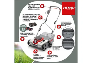 IKRA 3-in-1 accu-verticuteermachine en gazonbeluchter IAVL 2-2040, 40 cm werkbreedte, Werkdiepte +12 tot -3 mm, 40l opvangzak, 2 x 20V (4,0 Ah) accu’s & snellader van IKRA – productafbeelding 2 van 5