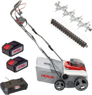 IKRA 3-in-1 accu-verticuteermachine en gazonbeluchter IAVL 2-2040, 40 cm werkbreedte, Werkdiepte +12 tot -3 mm, 40l opvangzak, 2 x 20V (4,0 Ah) accu’s & snellader van IKRA – productafbeelding 1 van 5