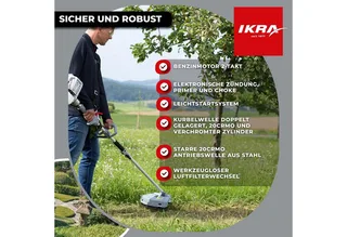 Multitool IBKH 33-1 4-in-1 benzine-bosmaaier, trimmer, takkenschaar en heggenschaar, met een veiligheidsbril van IKRA – productafbeelding 3 van 5
