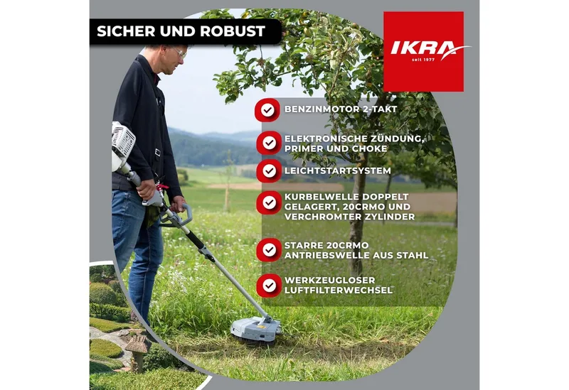 Multitool IBKH 33-1 4-in-1 benzine-bosmaaier, trimmer, takkenschaar en heggenschaar, met een veiligheidsbril van IKRA – productafbeelding 3 van 5