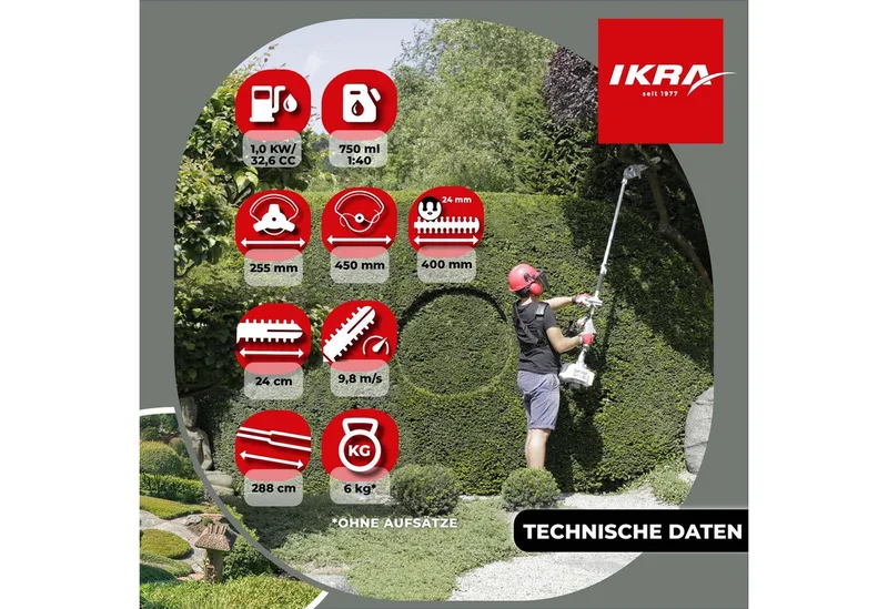 Multitool IBKH 33-1 4-in-1 benzine-bosmaaier, trimmer, takkenschaar en heggenschaar, met een veiligheidsbril van IKRA – productafbeelding 4 van 5