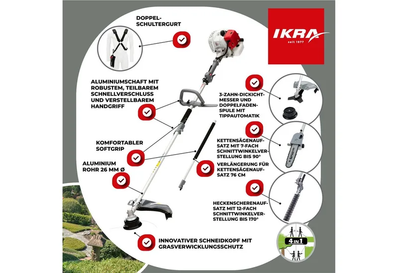 Multitool IBKH 33-1 4-in-1 benzine-bosmaaier, trimmer, takkenschaar en heggenschaar, met een veiligheidsbril van IKRA – productafbeelding 2 van 5