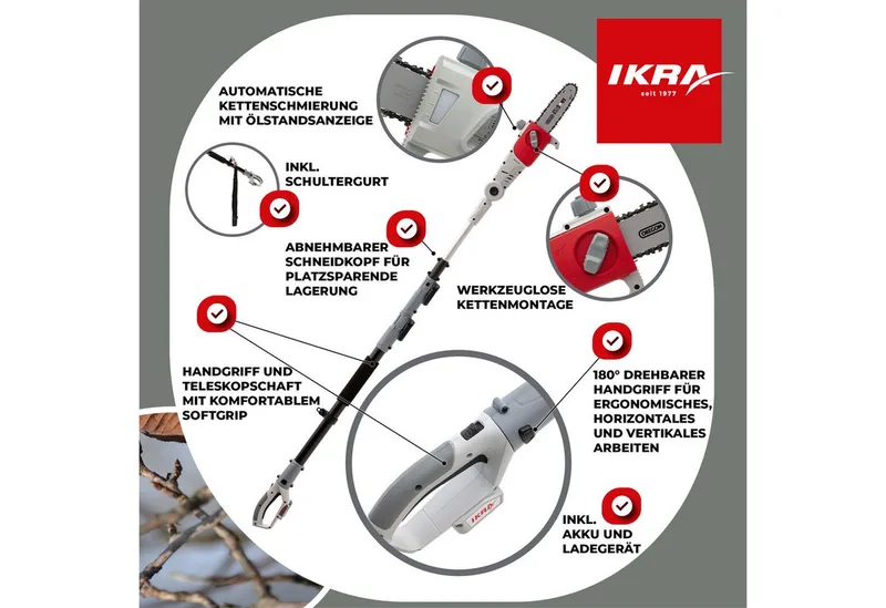 telescopische accu-hoogsnoeier ICPS 2020, werkhoogte tot 4 meter, inclusief schouderriem, 2 x 20 V accus en snellader by IKRA – product image 3 of 5