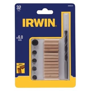 DeuvelSet 32PCS, 26 deuvels 6mm, houtboor 6mm, 4 centreerpunten, 1 dieptestop de Irwin – image du produit 1 sur 2