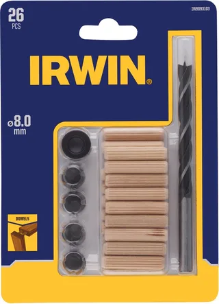 deuvelset Ø8 mm bestaande uit 20 houten deuvels, 1 houtspiraalboor met dieptestop en centreerpunten. de Irwin – image du produit 1 sur 2