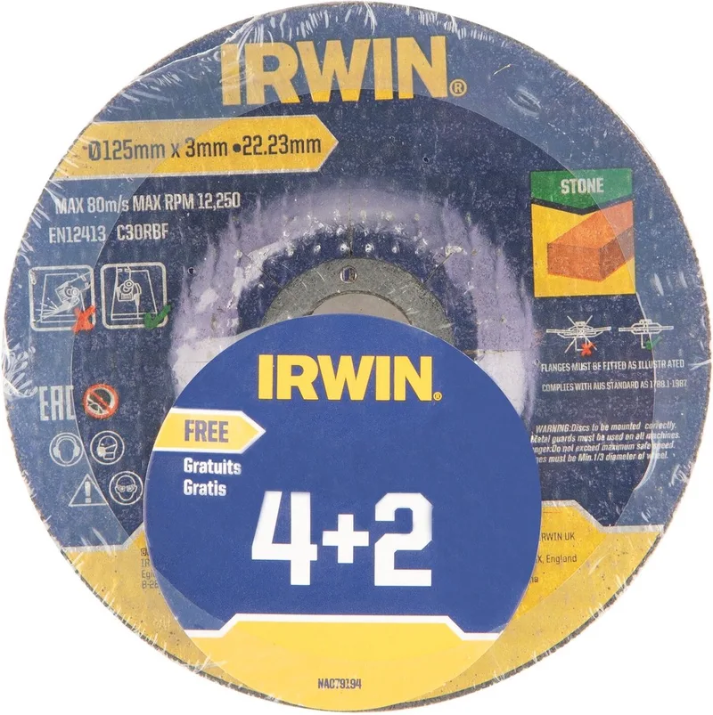 IRWIN 4 slijpschijven (+ 2 gratis)125mmx3mm doorslijpschijf steen de Irwin – image du produit