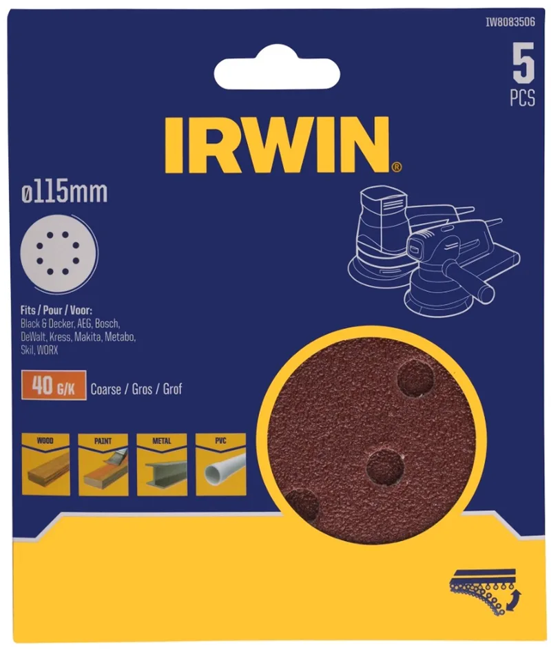 schuurschijf rond Ø115 mm zelfhechtend K40, 5 stuks by Irwin – product image