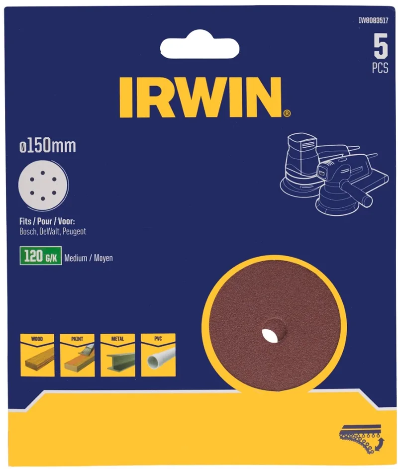 schuurschijf rond Ø150 mm zelfhechtend K120, 5 stuks von Irwin – Produktbild