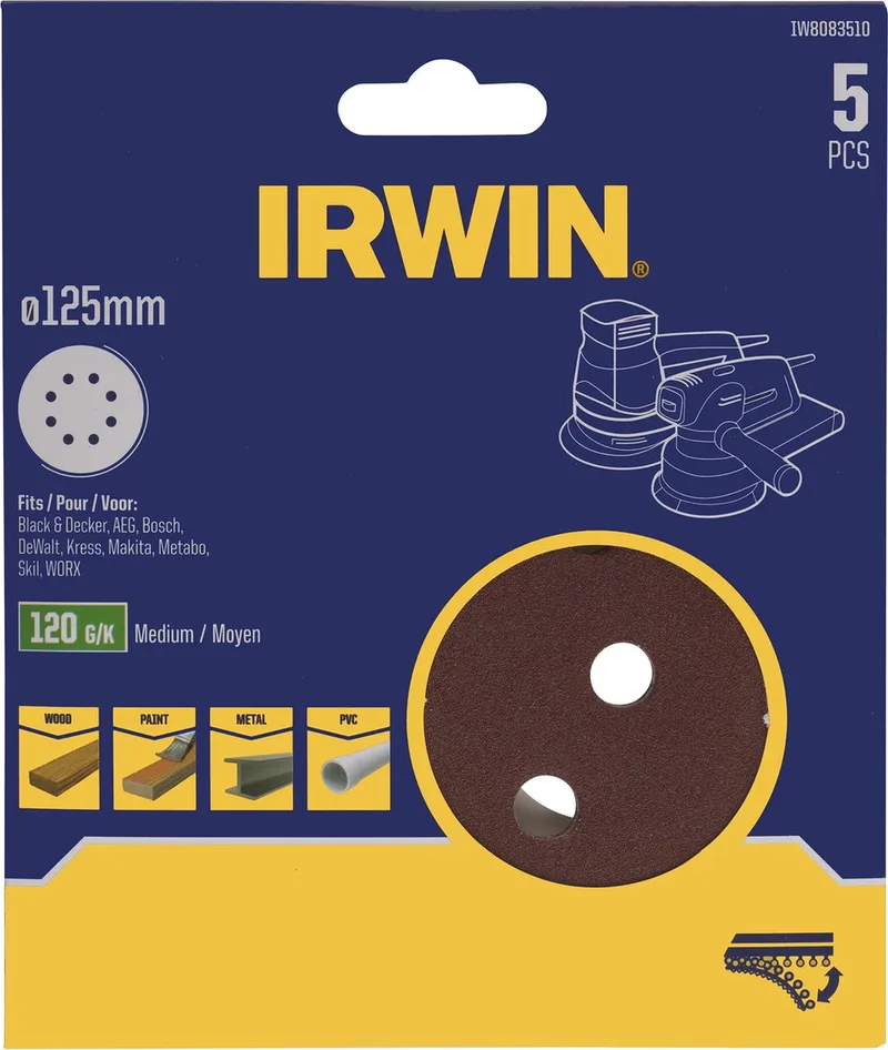 Schuurschijven excentrisch diameter 125mm met klittenband, K120 by Irwin – product image